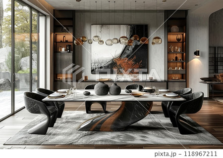Modern minimalistic dining room with a black and white abstract painting on the wall. There are several vases and bowls on the table 118967211