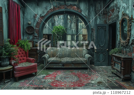 Room with a sofa and a chair covered with dust and fallen plaster after the earthquake. Creepy atmosphere 118967212