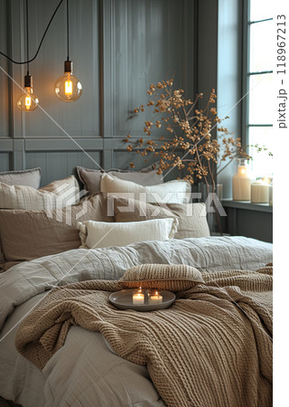 Bedroom with a bed and candles. Cozy and relaxing 118967213