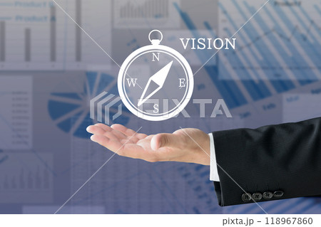 ビジネスマンの手と方位磁針のアイコン―ビジネスビジョンイメージ 118967860