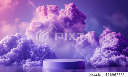 Purple clouds with minimalistic platform, podium, product presentation background. Generative AI 118967883