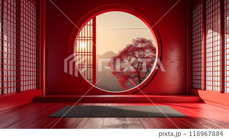Minimalist Chinese, Japanese red room with elegant decor elements. Generative AI 118967884
