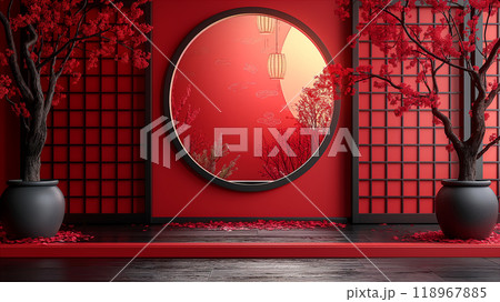 Minimalist Chinese, Japanese red room with elegant decor elements. Generative AI 118967885