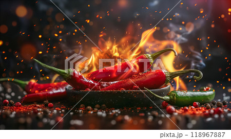 Colorful chilies with flames and smoke, red hot chilly pepper, culinary background. Generative AI 118967887