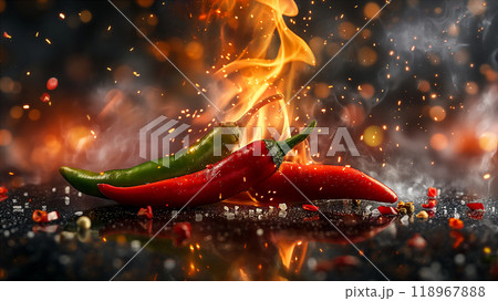 Colorful chilies with flames and smoke, red hot chilly pepper, culinary background. Generative AI 118967888