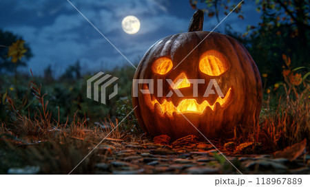 Glowing jack-o'-lantern illuminates quaint Halloween night in spooky forest. Generative AI 118967889