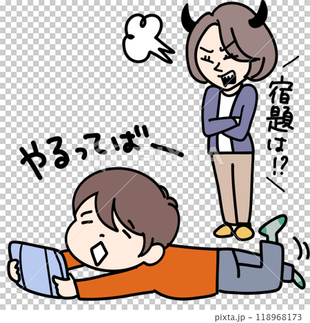 ゲームしている息子に憤慨しているお母さん 118968173