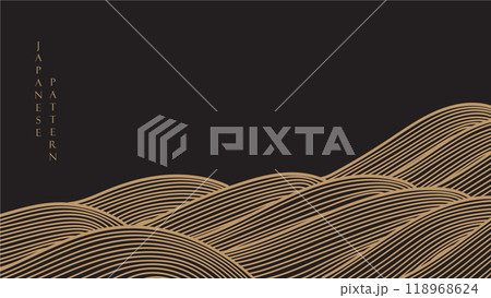 Abstract art template with geometric pattern. Japanese background with watercolor texture vector. Mountain landscape design in oriental style. grey and black banner. Hand drawn line wave element. 118968624