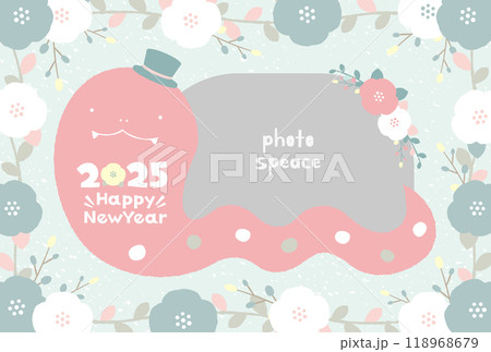 2025年 巳年のへびとお花のモダンでかわいいおしゃれなフォトフレーム年賀状_水色 118968679