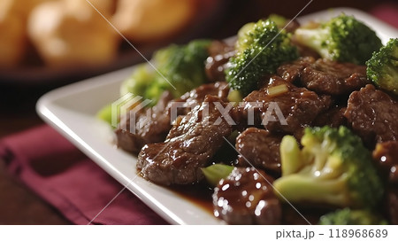 Stir-fried beef and broccoli with sauce on a plate Stir-fried beef and broccoli with sauce on a plate 118968689