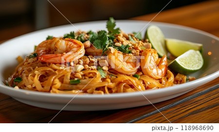 Shrimp Pad Thai with Peanuts and Lime Wedges on Plate Shrimp Pad Thai with Peanuts and Lime Wedges on Plate 118968690