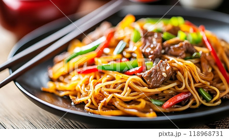 Beef Stir Fry with Noodles and Colorful Vegetables Beef Stir Fry with Noodles and Colorful Vegetables 118968731