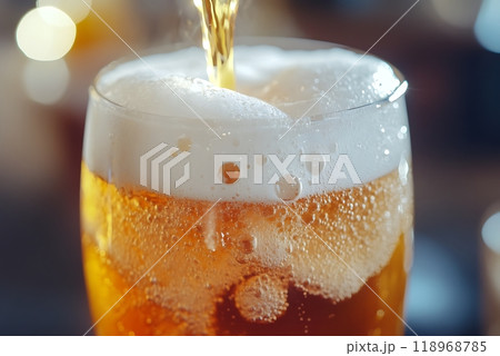 Freshly poured beer with frothy foam in a glass Freshly poured beer with frothy foam in a glass 118968785