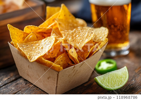 Crispy nachos served with a slice of lime and jalapenos Crispy nachos served with a slice of lime and jalapenos 118968786