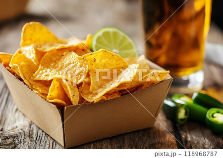 Fresh nachos served with lime and jalapeno slices Fresh nachos served with lime and jalapeno slices 118968787