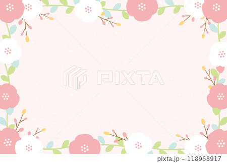 冬の花・椿のかわいい寒中見舞いや年賀はがき素材にぴったりな背景フレームイラスト 118968917