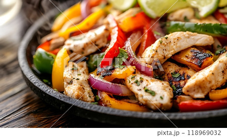 Grilled chicken fajitas with bell peppers served on a hot skillet 118969032