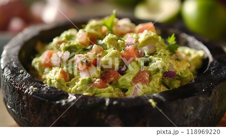Fresh guacamole with diced tomatoes and onions in a bowl. Fresh guacamole with diced tomatoes and onions in a bowl. 118969220