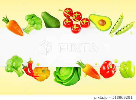 Healthy food poster 3d render. Organic vegetable frame on yellow background. Banner template with border of fresh tomato, avocado, broccoli, pepper, carrot, green peas and cabbage. 3D illustration 118969291