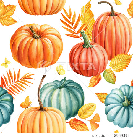 Colorful pumpkins, leaves and butterflies, Autumn Vibes seamless pattern. Watercolor hand-painted bright color pattern 118969392