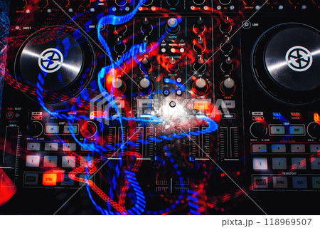 professional DJ Board with mixer for discs with multi-colored traces light effects professional DJ Board with mixer for discs with multi-colored traces light effects 118969507