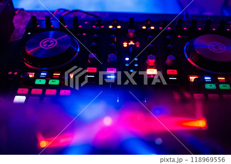 music professional mixer DJ for mixing music with a bright and colorful background music professional mixer DJ for mixing music with a bright and colorful background 118969556
