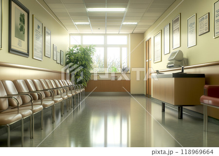 Waiting area with seats, reception and board interior design space Japanese style in Hospital 118969664
