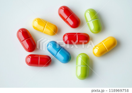 Flat lay colorful medicine different vivid color of pills, tablets and capsules on white background. 118969758