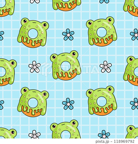 Seamless pattern with cute green frog donut. Funny kawaii cartoon character sweet food on blue checkered background with flowers. Vector illustration 118969792