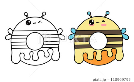 Cute sweet donut bee. Isolated colored and outline stroke funny cartoon kawaii character food. Line drawing, coloring book. Vector illustration. Kids collection 118969795