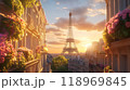 Generative AI Image of Majestic Eiffel Tower in City Town with Flowers at Sunset Sunrise Sky 118969845