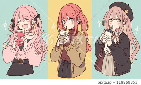 アニメ風のおしゃれな飲み物を飲む女の子セット 118969853