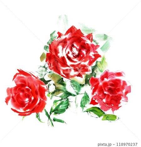 Scent of red roses with green leaves in watercolor. It is hand-drawn on the card background in bright juicy strokes of bright red, scarlet color. The rose petals are open. Elegant rosebuds collect and 118970237