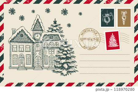 Christmas mail, postcard, hand drawn illustration.	 118970280