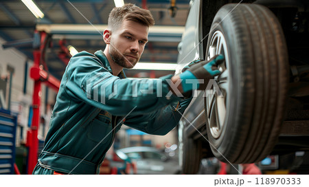 Automotive technician in uniform is inspecting tyres on customer vehicle in automobile workshop. Maintenance on vehicle wheels. Car auto repair shop. 118970333