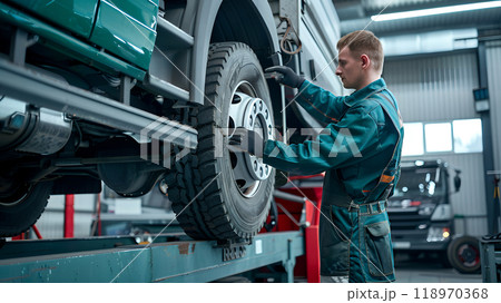 Mechanic in uniform makes out diagnostics and repairs of the truck tyres on truck lift in a car workshop. Truck repair center. Car insurance service. 118970368