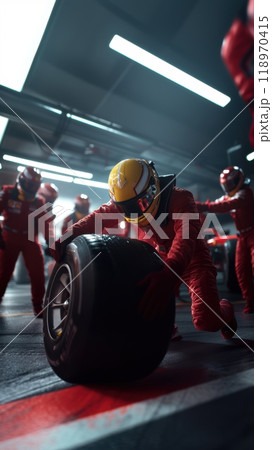 Pit crew members, dressed in red, hustle to replace the tires of a Formula 1 car with precision and speed 118970415