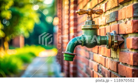 Close-up of an outdoor water tap on the side wall, green and old metal faucet 118970502