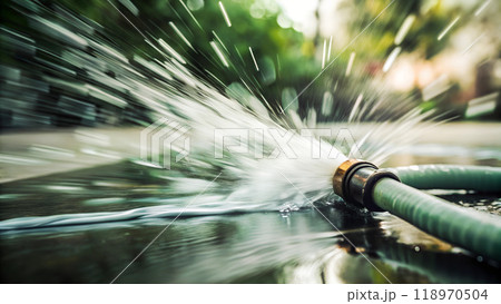 A garden hose spraying water on a wet surface in sunlight. 118970504