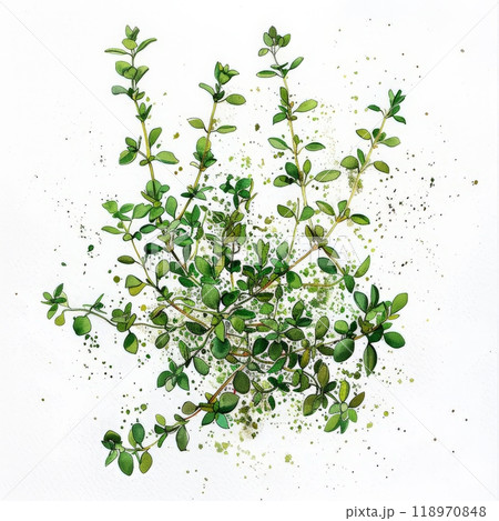 A detailed watercolor painting captures an arrangement of vibrant green plants with varying leaf shapes and delicate textures, highlighting the beauty of nature A detailed watercolor painting captures an arrangement of vibrant green plants with varying leaf shapes and delicate textures, highlighting the beauty of nature 118970848