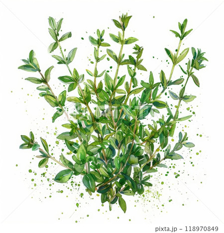 This artwork showcases detailed watercolor illustrations of thyme plants, featuring vibrant green leaves and artistic splashes, emphasizing natural beauty and growth 118970849