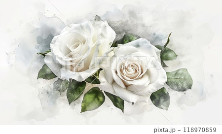 This artwork showcases two beautifully rendered white roses surrounded by subtle green leaves, set against a gentle, blurred backdrop that enhances their elegance 118970859