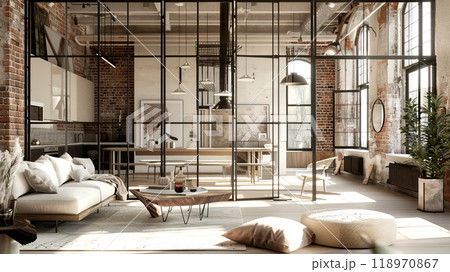 This collage highlights a stylish open-plan interior featuring industrial design elements, cozy seating, and large windows that bring in ample natural light, creating an inviting atmosphere This collage highlights a stylish open-plan interior featuring industrial design elements, cozy seating, and large windows that bring in ample natural light, creating an inviting atmosphere 118970867