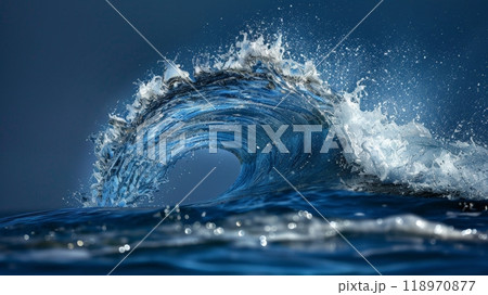 A majestic wave forms gracefully, showcasing its crystal-clear transparency and vibrant blue hues as it crashes against the shoreline during daylight A majestic wave forms gracefully, showcasing its crystal-clear transparency and vibrant blue hues as it crashes against the shoreline during daylight 118970877