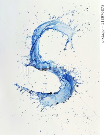 Water splashes beautifully into the shape of an S, with droplets creating a vibrant display of blue. The white backdrop enhances the fluid motion and clarity of the splash Water splashes beautifully into the shape of an S, with droplets creating a vibrant display of blue. The white backdrop enhances the fluid motion and clarity of the splash 118970878