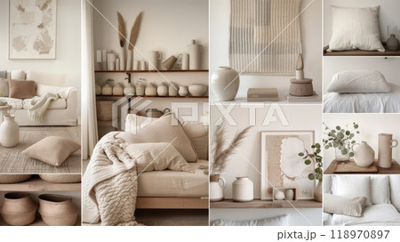A moodboard showcasing a Scandinavian-inspired interior design featuring soft textiles, neutral colors, and natural materials. The layout highlights a harmonious blend of minimalism and comfort 118970897