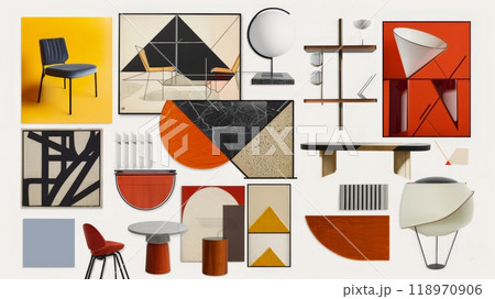 A vibrant collage of Bauhaus design elements featuring geometric shapes, bold colors, and various iconic furniture pieces, promoting harmony between art and function 118970906