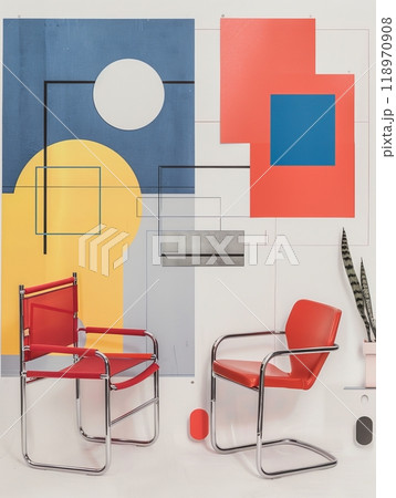 A vibrant collage moodboard showcases Bauhaus design elements with geometric shapes in primary colors and modern red chairs against a minimalist backdrop 118970908