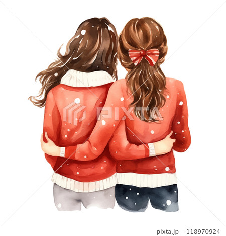 Two girls, friends hugging on Christmas, watercolor Illustration. 118970924