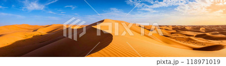 Sand dunes. Desert landscape with beautiful sand dunes and blue sky 118971019